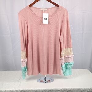 Umgee Pink Long Sleeve Top with Lace Details